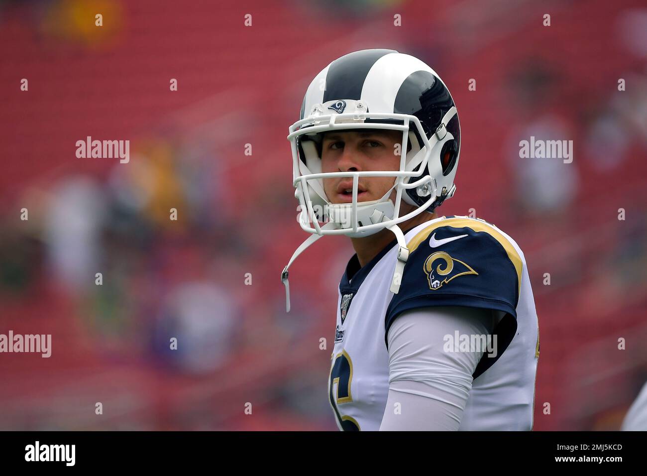 Los Angeles Rams quarterback Jared Goff stands on the field prior to an