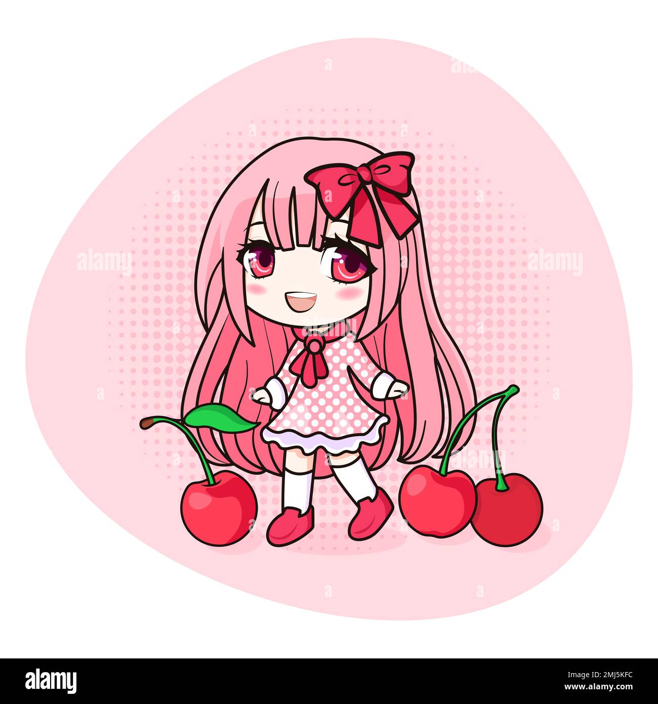 Cute and kawaii anime girl. Chibi with cherries. Stock Vector