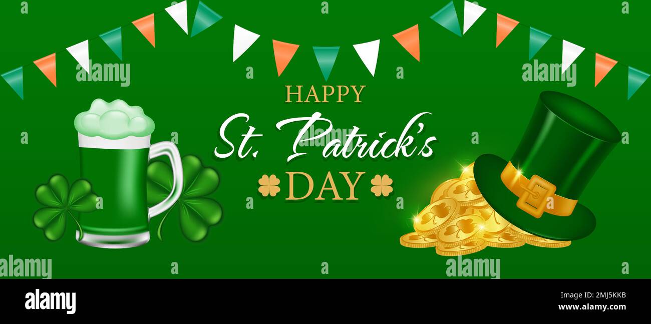 Banner for St. Patricks Day. Congratulatory background with green beer, shamrock, gold, Leprechaun hat and flags in the colors of the Irish flag. Vect Stock Vector