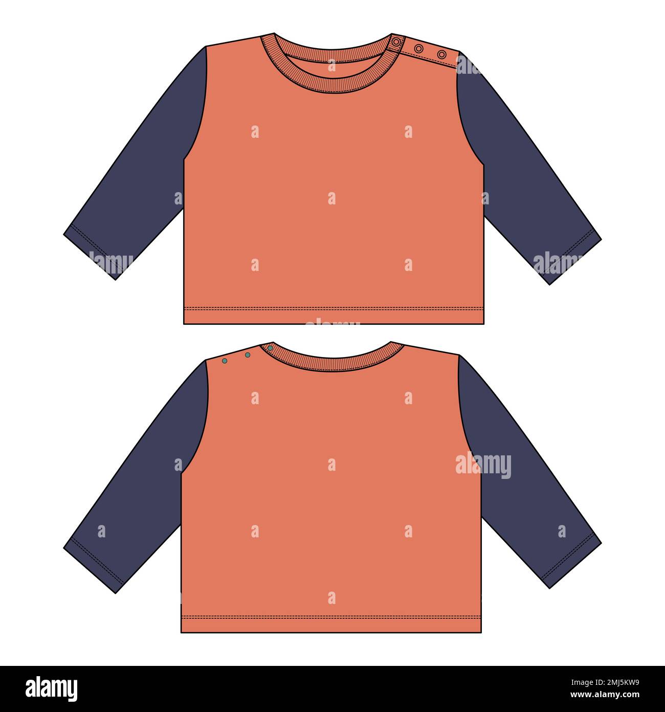Regular fit long sleeve basic t shirt vector template for ladies and baby girls.Technical fashion flat sketch with crew neckline illustration mock up Stock Vector