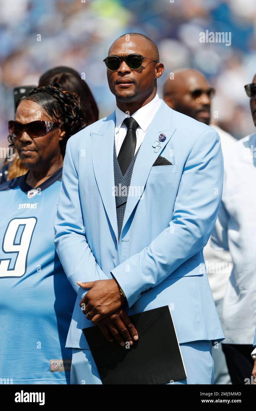 Former Tennessee Titans running back Eddie George stands during a ceremony  retiring his number during an NFL football game between the Titans and the  Indianapolis Colts Sunday, Sept. 15, 2019, in Nashville,