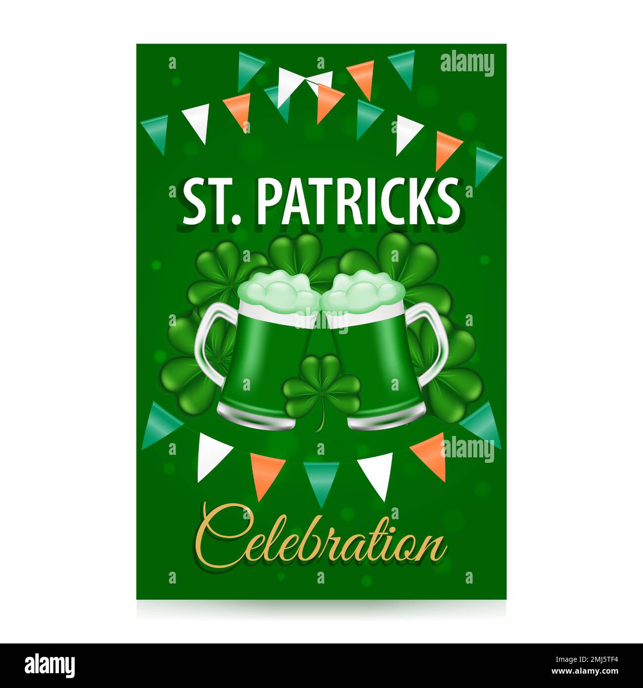 Happy St. Patricks Day celebration with green beer. Background with garland with flags and glasses of green ale. Beer festival for St. Patricks Day. V Stock Vector