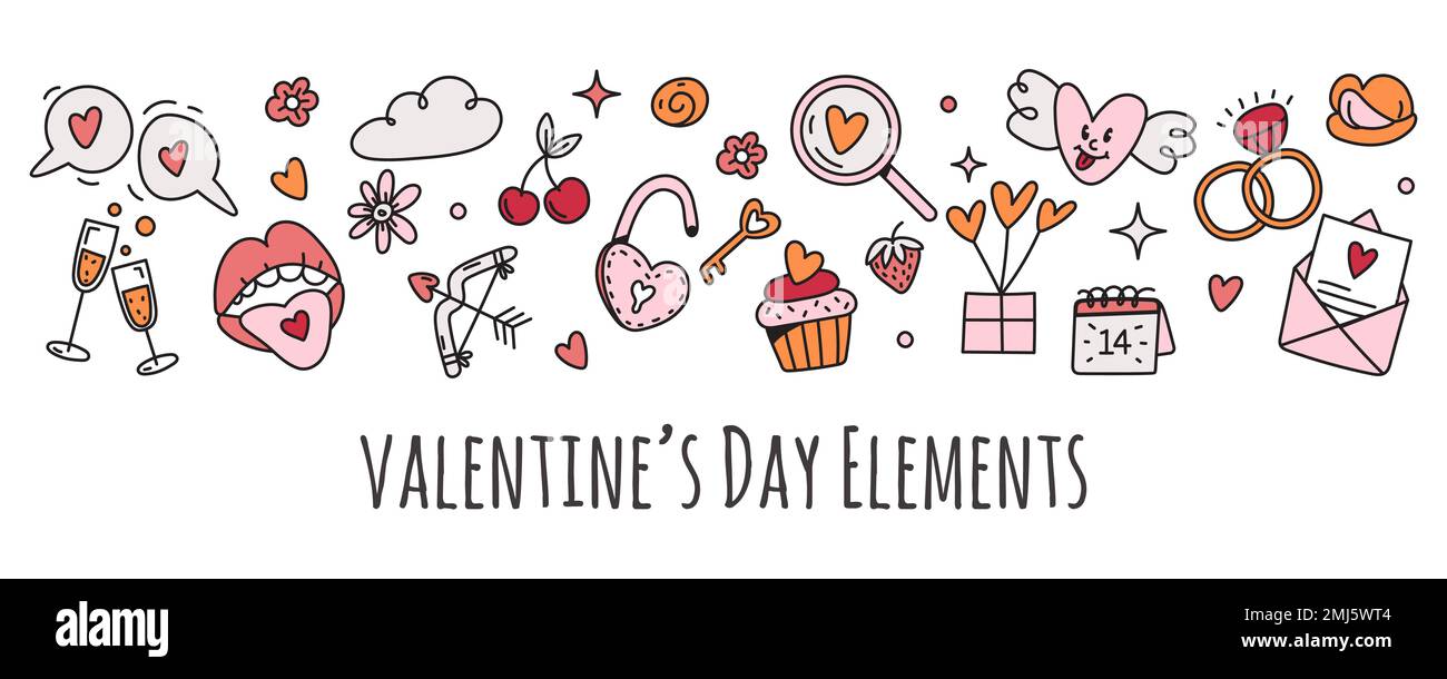 Vector valentines day template for banner with symbols in doodle style ...