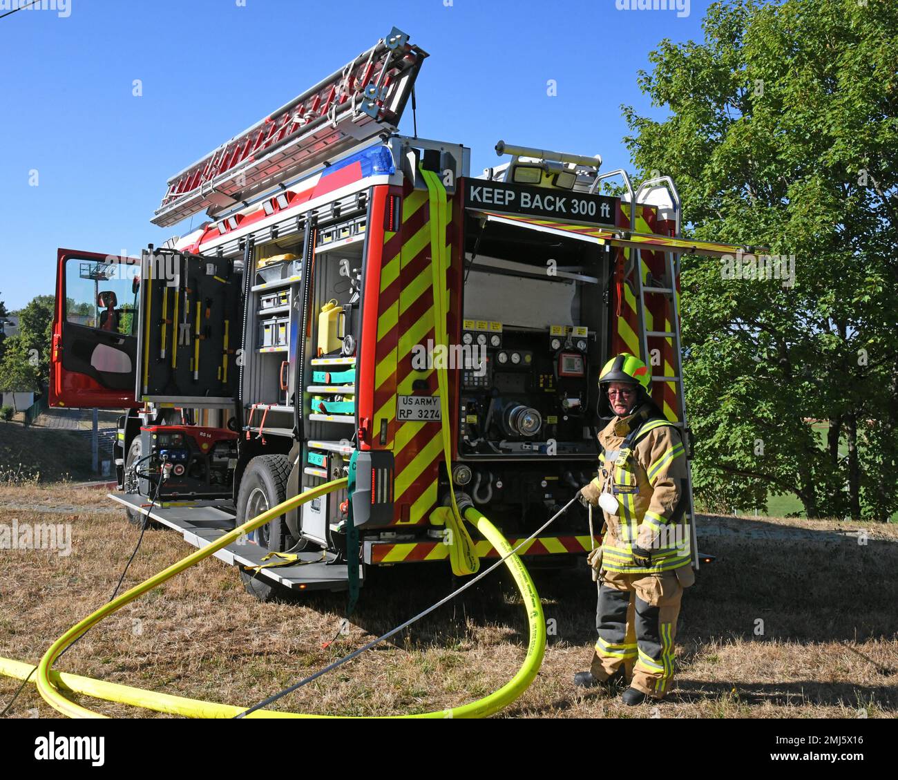 A U.S. Army Garrison Fire Apparatus Operator provides water for the ...
