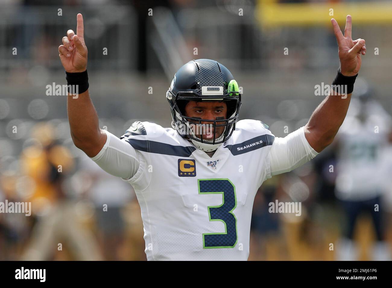 Seattle, USA. 22nd Sep, 2019. Seattle Seahawks quarterback Russell Wilson  (3) hauls New Orleans Saints cornerback Marshon Lattimore (23) in for a  2-yard touchdown during the third quarter at CenturyLink Field on