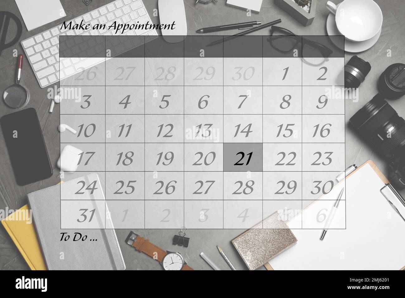Double exposure of calendar and designer's workplace. Personal schedule Stock Photo