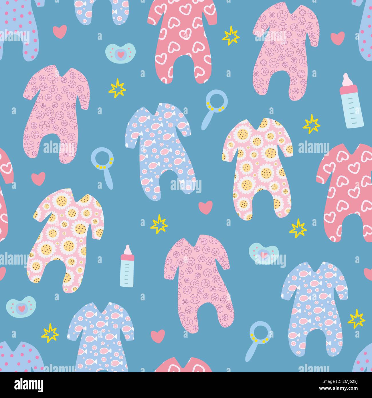 Colourful baby rompers on blue background. Seamless pattern. Stock Vector
