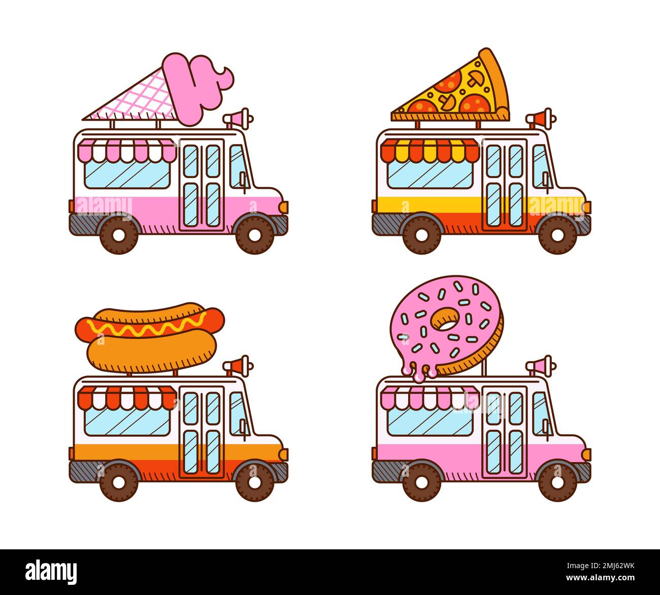 Pizza, Ice cream van, Hot dog, Donut food truck Stock Vector Image