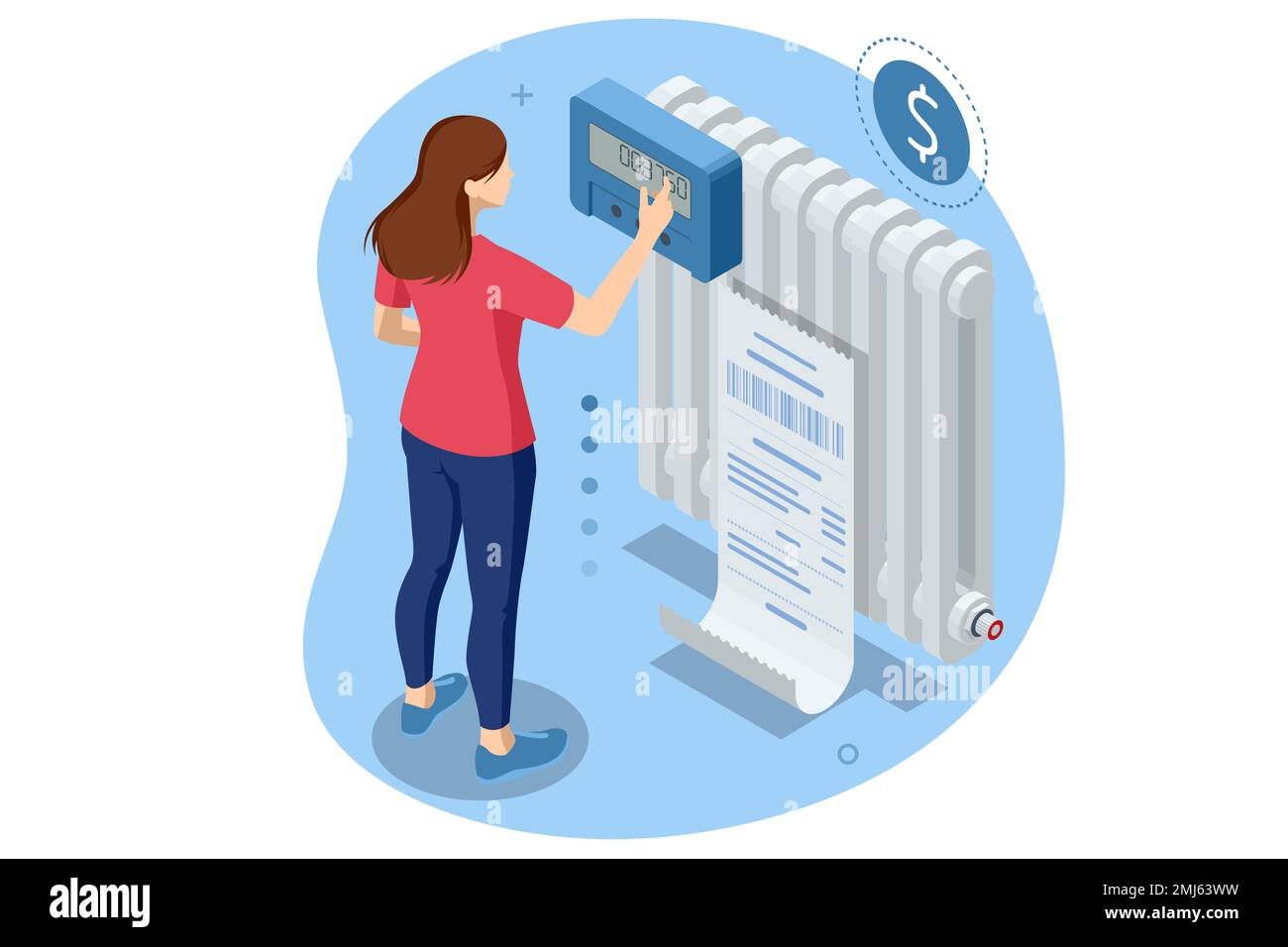 Isometric invoice, payment for heat energy. Utility bills and saving resources concept. Utility