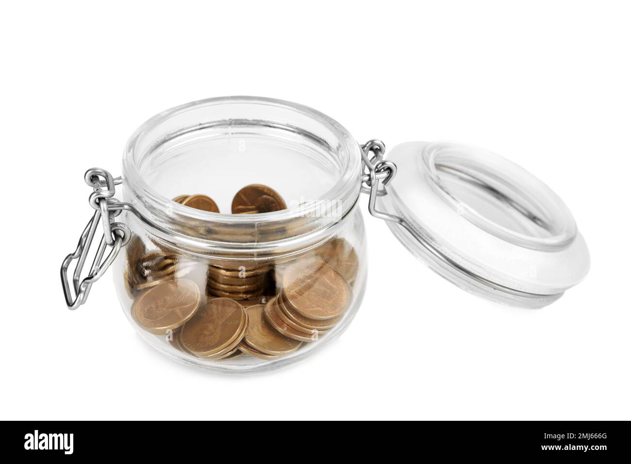 Glass jar with coins isolated on white Stock Photo