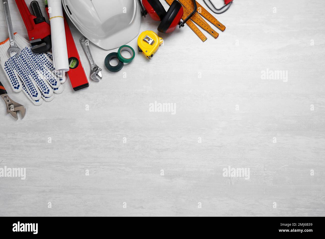 Flat lay composition with different construction tools on light ...