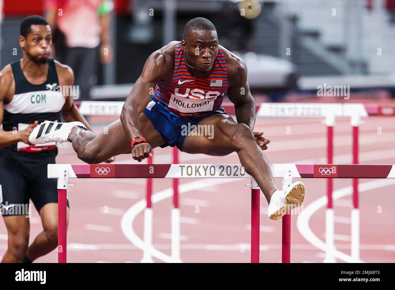 Grant Holloway (USA) competing in the Men's 110 metres hurdles at the 2020 (2021) Olympic Summer Games, Tokyo, Japan Stock Photo