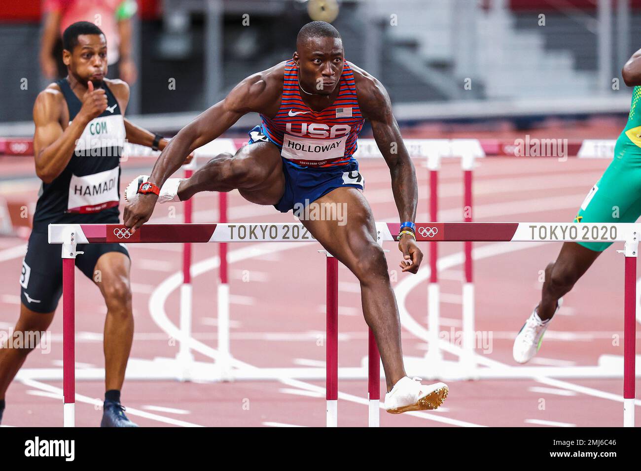 Grant Holloway (USA) competing in the Men's 110 metres hurdles at the 2020 (2021) Olympic Summer Games, Tokyo, Japan Stock Photo