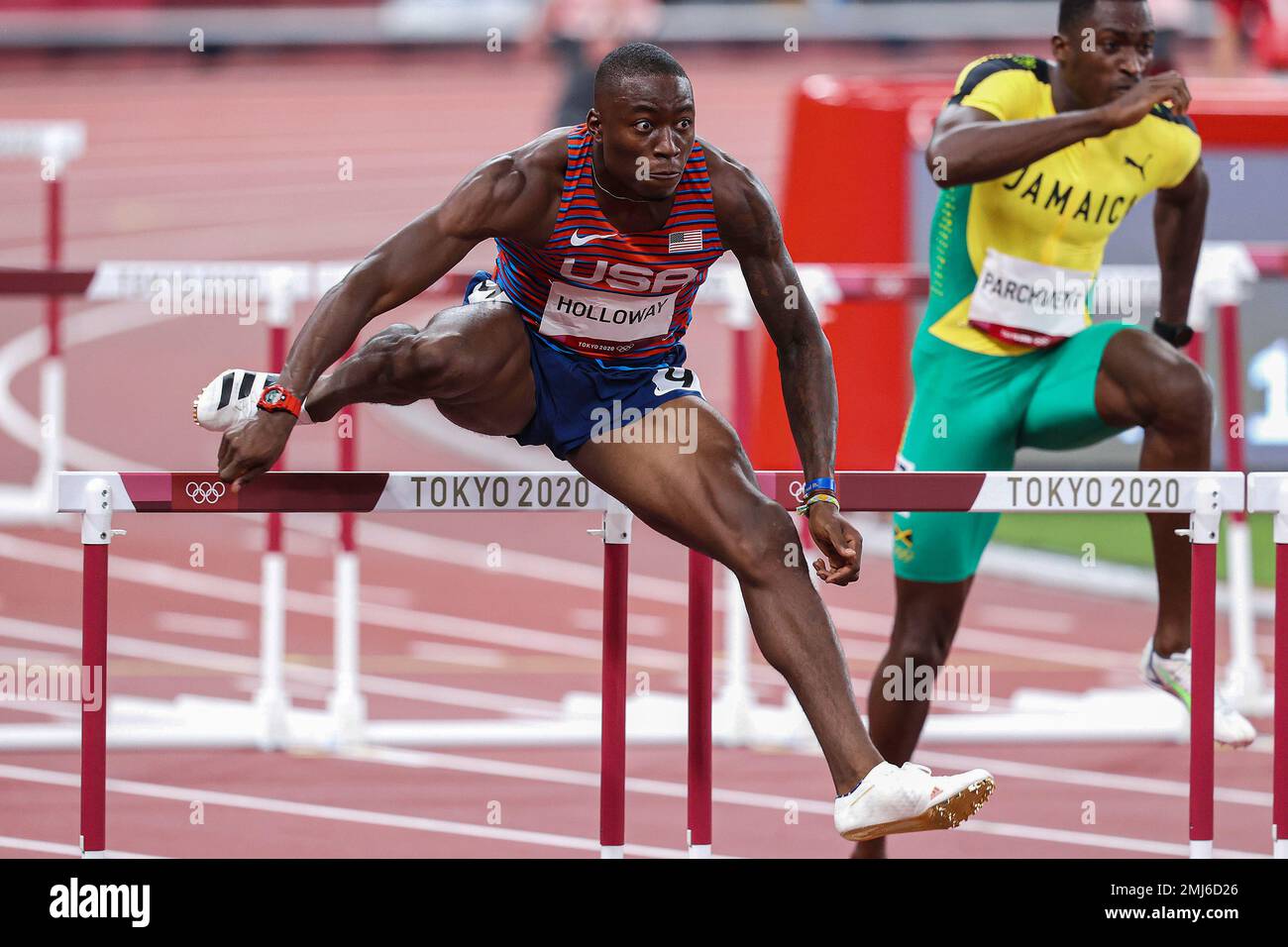 Grant Holloway (USA) competing in the Men's 110 metres hurdles at the 2020 (2021) Olympic Summer Games, Tokyo, Japan Stock Photo