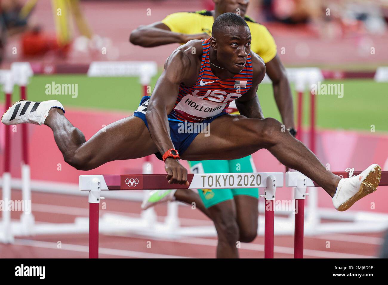 Grant Holloway (USA) competing in the Men's 110 metres hurdles at the 2020 (2021) Olympic Summer Games, Tokyo, Japan Stock Photo