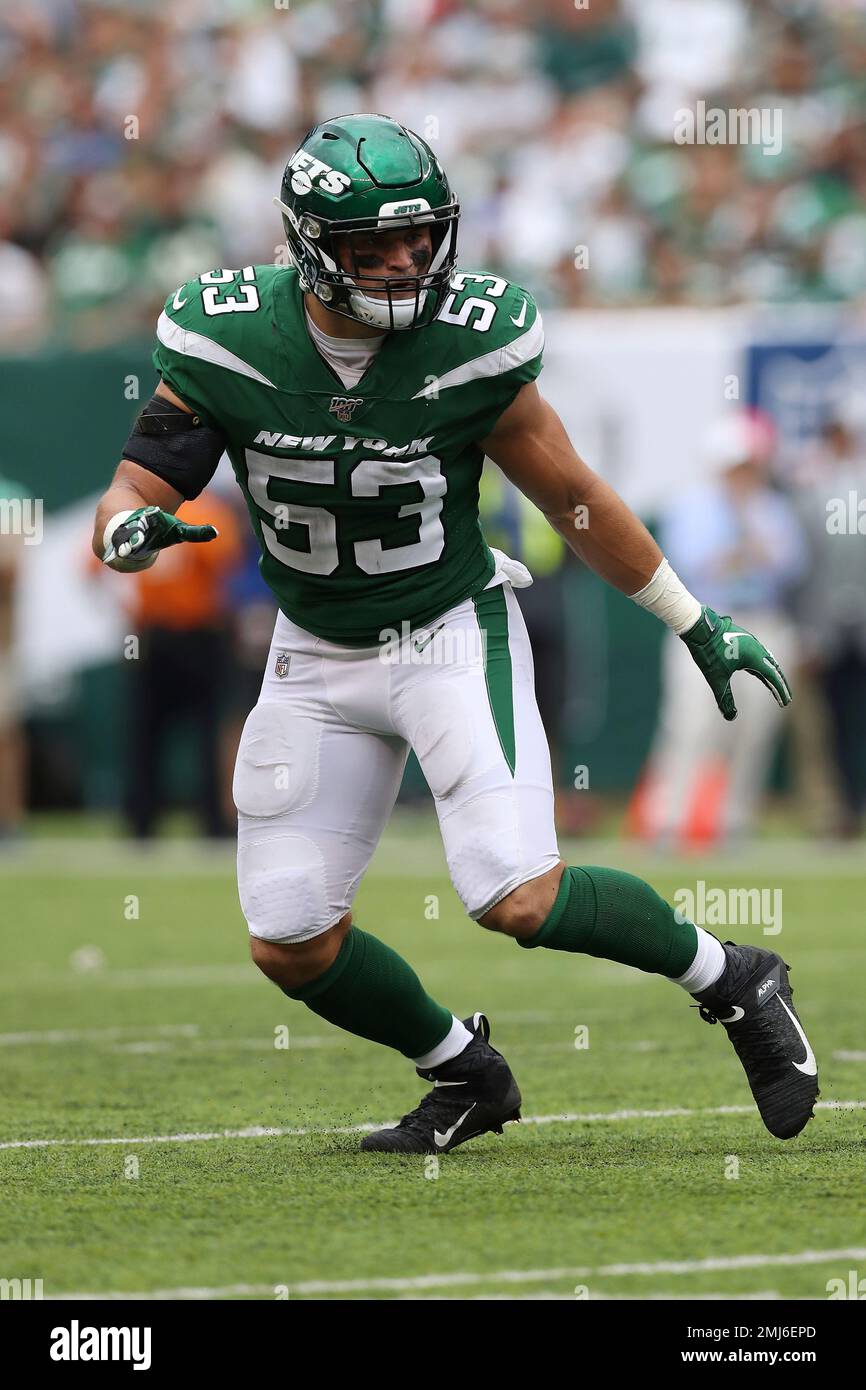 EAST RUTHERFORD, NJ - AUGUST 27: New York Jets linebacker Blake Cashman  (53) prior to the National Football League preseason game between the New  York Jets and the Philadelphia Eagles on August