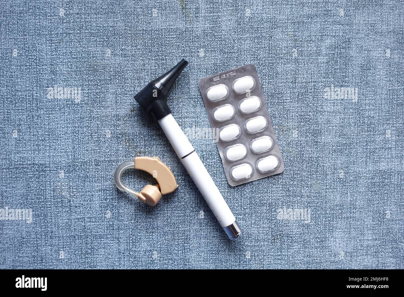 Hearing aid equipment on table top view Stock Photo Alamy
