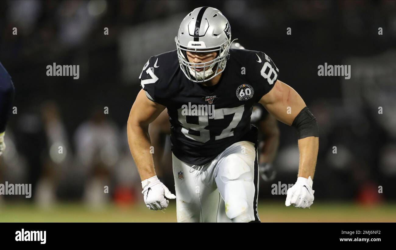 Oakland Raiders tight end Foster Moreau (87) looks to put a block on a  linebacker on a rushing play during an NFL football game, Monday, Sept. 9,  2019, in Oakland, Calif. (AP