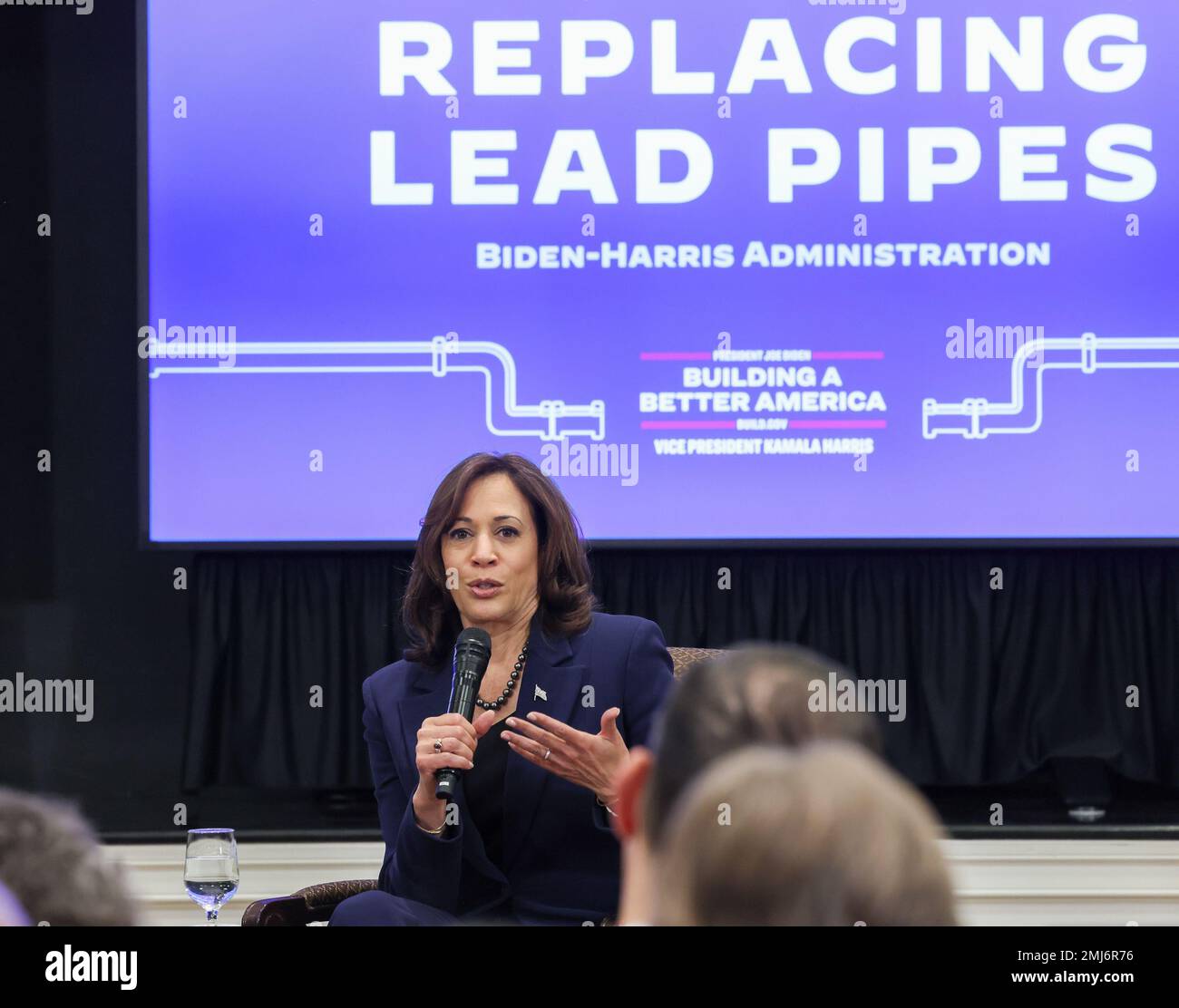 Washington, DC, United States. 27th Jan, 2023. US Vice President Kamala Harris addresses a gathering of state and local government officials, labor leaders and NGO's from across the U.S. during an Accelerating Lead Pipe Replacement Summit at The White House on Friday January 27, 2023 in Washington, DC. Photo by Jemal Countess/UPI Credit: UPI/Alamy Live News Stock Photo