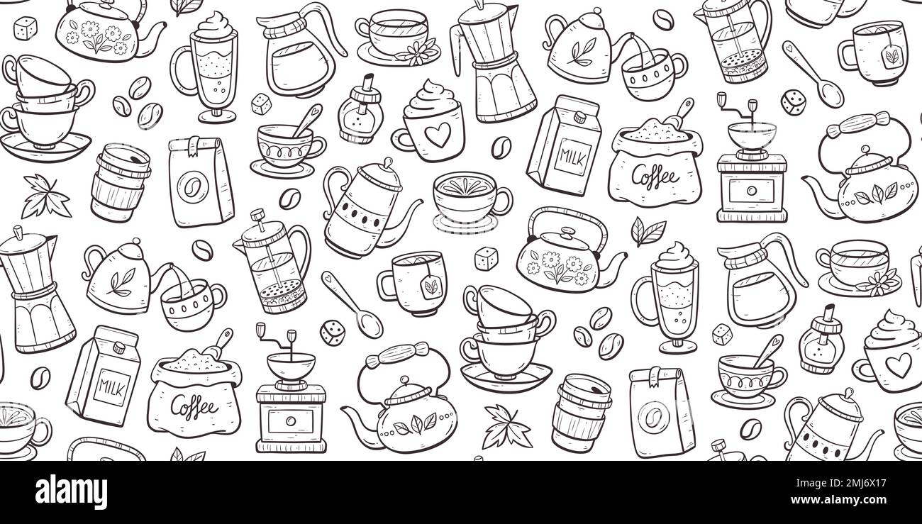 Seamless pattern of coffee and tea. Doodle cliparts of teapots, cups ...