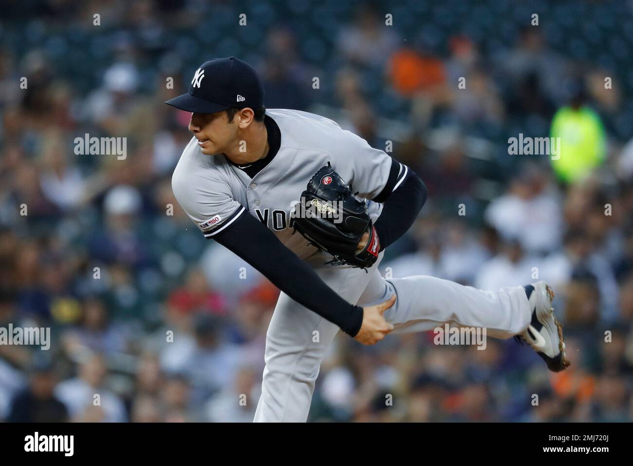 New York Yankees relief pitcher Luis Cessa (85) throws in the third inning of a baseball game in Detroit, Tuesday, Sept