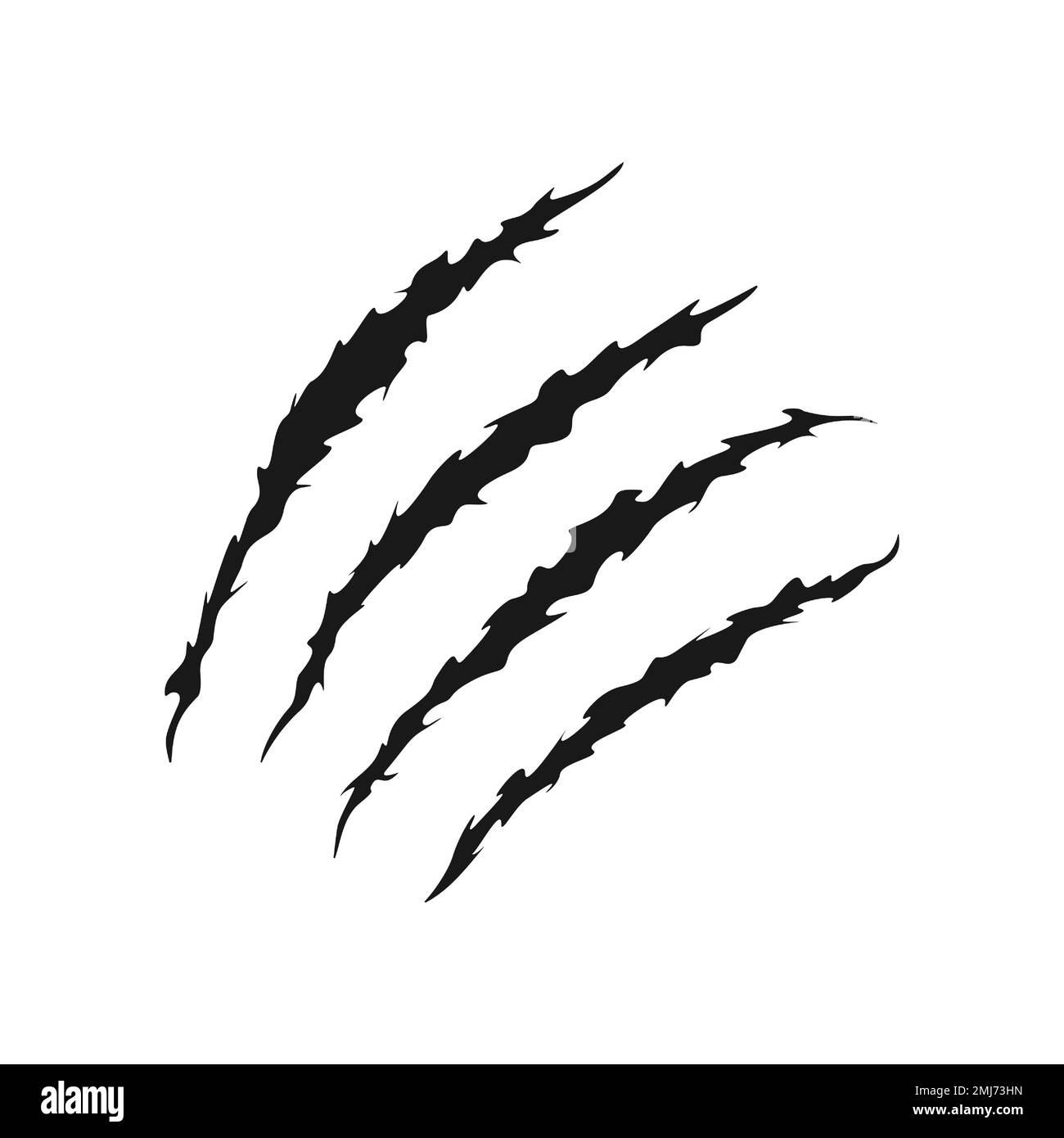 Scratch claws mark icon. Trace of wild animal, monster or dinosaur talons. Sharp torn edges texture isolated on white background. Scary horror symbol. Laceration print. Vector graphic illustration Stock Vector