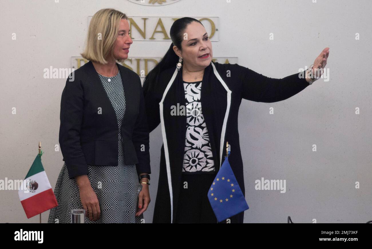 Federica Mogherini, top foreign policy official for the European Union,  left, talks with Mexican Senator Monica Fernandez at the Senate in Mexico  City, Tuesday, Sept. 10, 2019. (AP PhotoEduardo Verdugo Stock Photo -