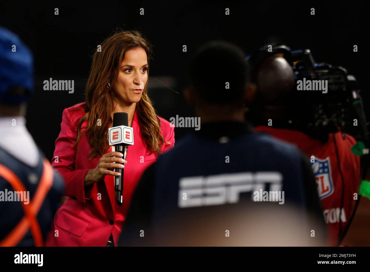 ESPN reporter Dianna Russini during the first half of an NFL football game  between the Oakland Raiders and the Denver Broncos Monday, Sept. 9, 2019,  in Oakland, Calif. (AP Photo/D. Ross Cameron