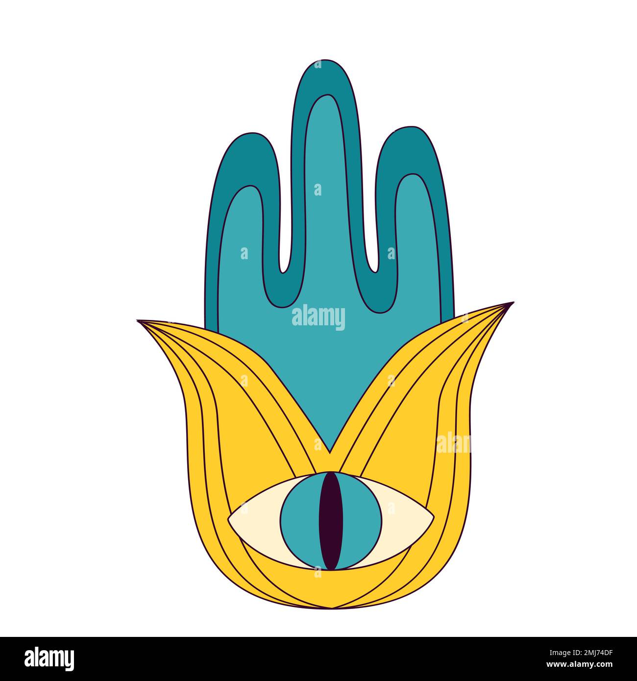 Hamsa hand retro icon. Fatima eye 1970 fantasy abstract style. Ethnic esoteric amulet protecting from evil eye. Indian Arabic or Jewish traditional sy Stock Vector