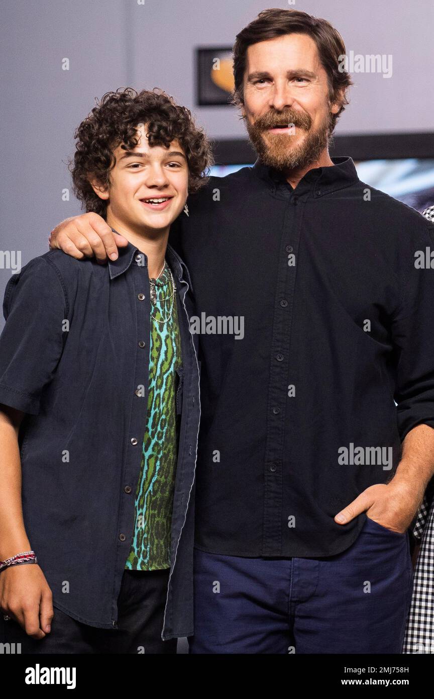 Actors Noah Jupe, left, and Christian Bale attend a press conference for  "Ford v Ferrari" on day six of the Toronto International Film Festival at  the TIFF Bell Lightbox on Tuesday, Sept.