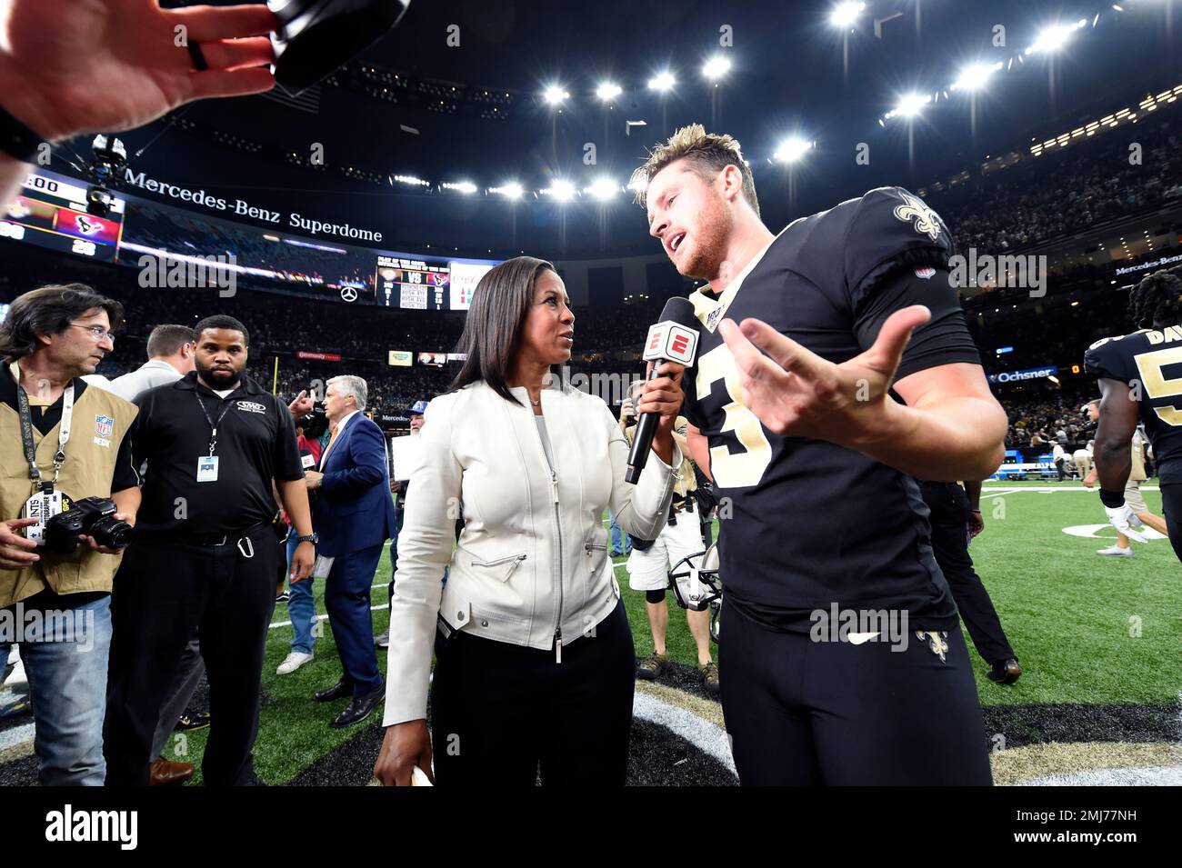 ESPN reporter Lisa Salters interviews game winning kicker, New Orleans  Saints kicker Wil Lutz (3) after an NFL football game against the Houston  Texans in New Orleans, Monday, Sept. 9, 2019. The