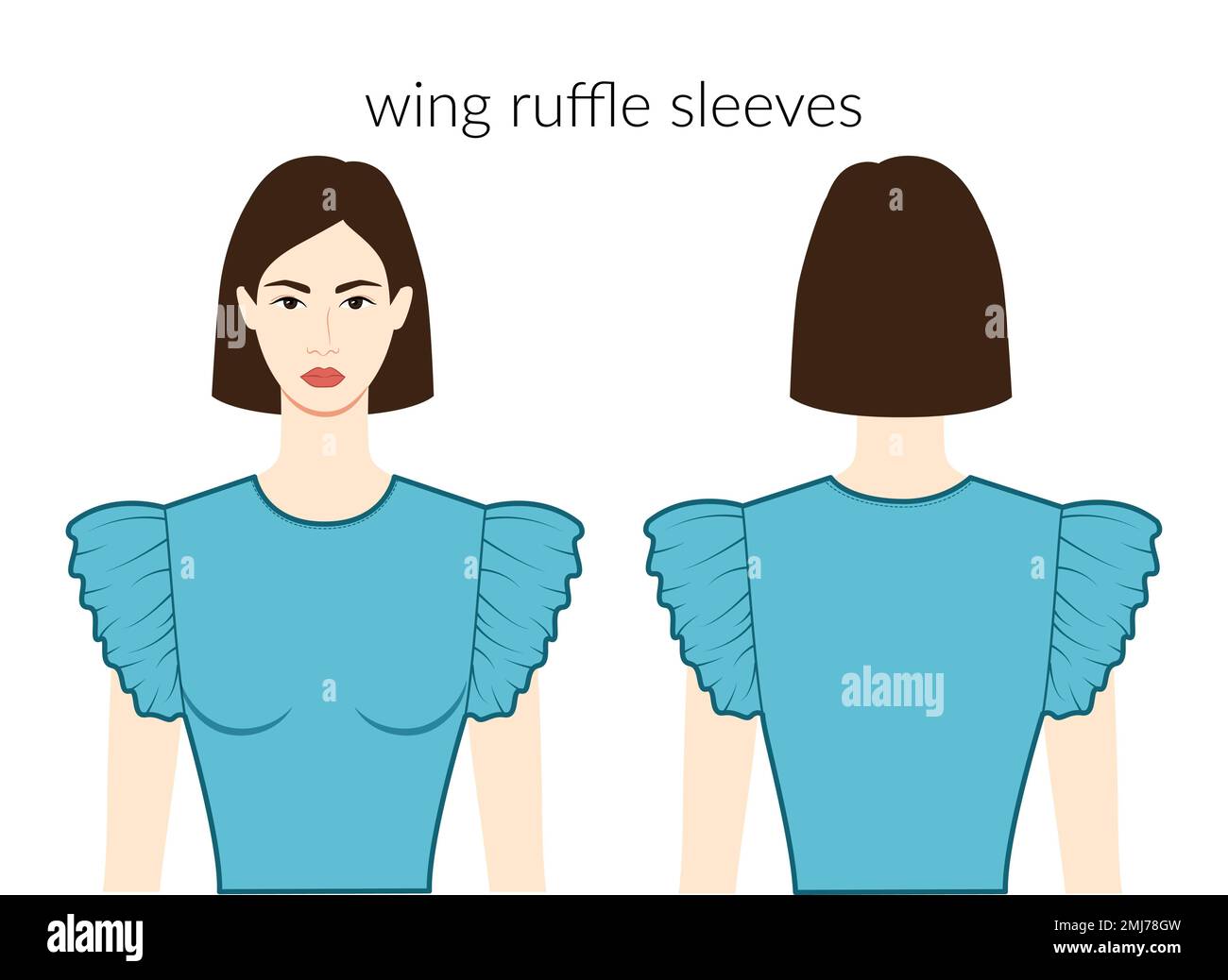 Wing ruffle sleeves short length clothes character beautiful lady in blue top, shirt, dress technical fashion illustration. Flat apparel template front, back sides. Women, men unisex CAD mockup Stock Vector