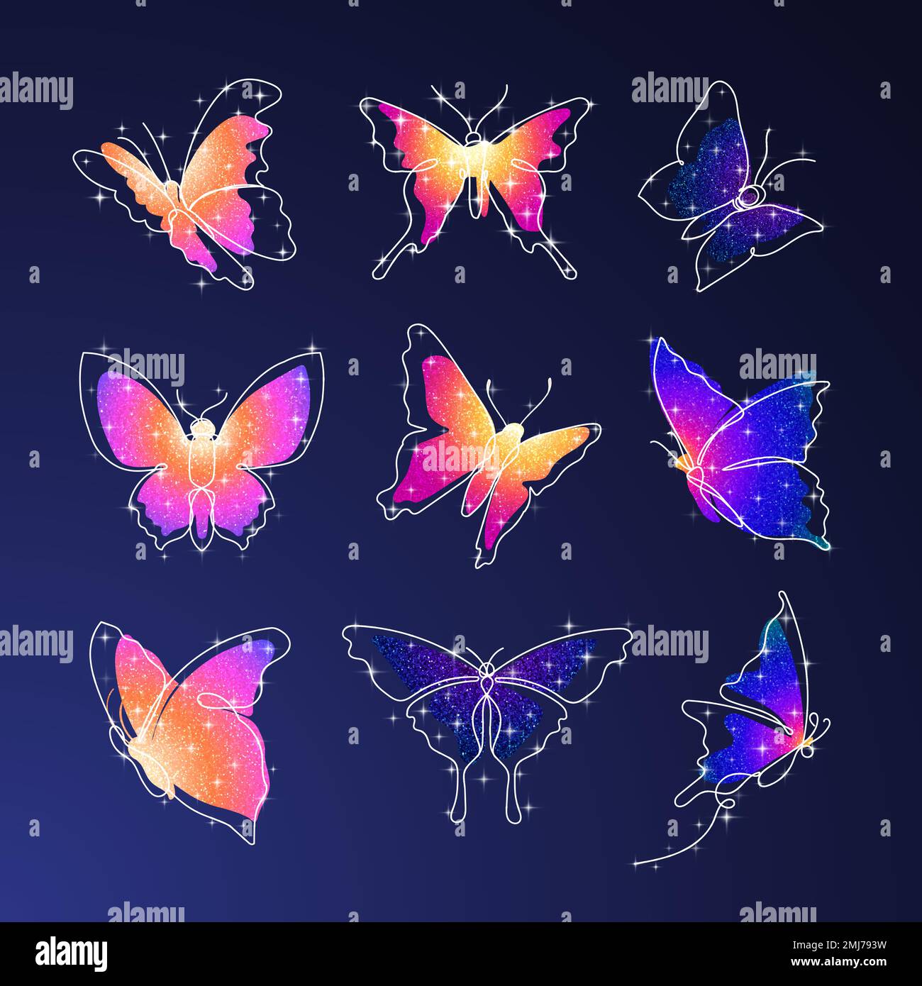 Glitter butterfly sticker, colorful beautiful vector animal illustration set Stock Vector Image