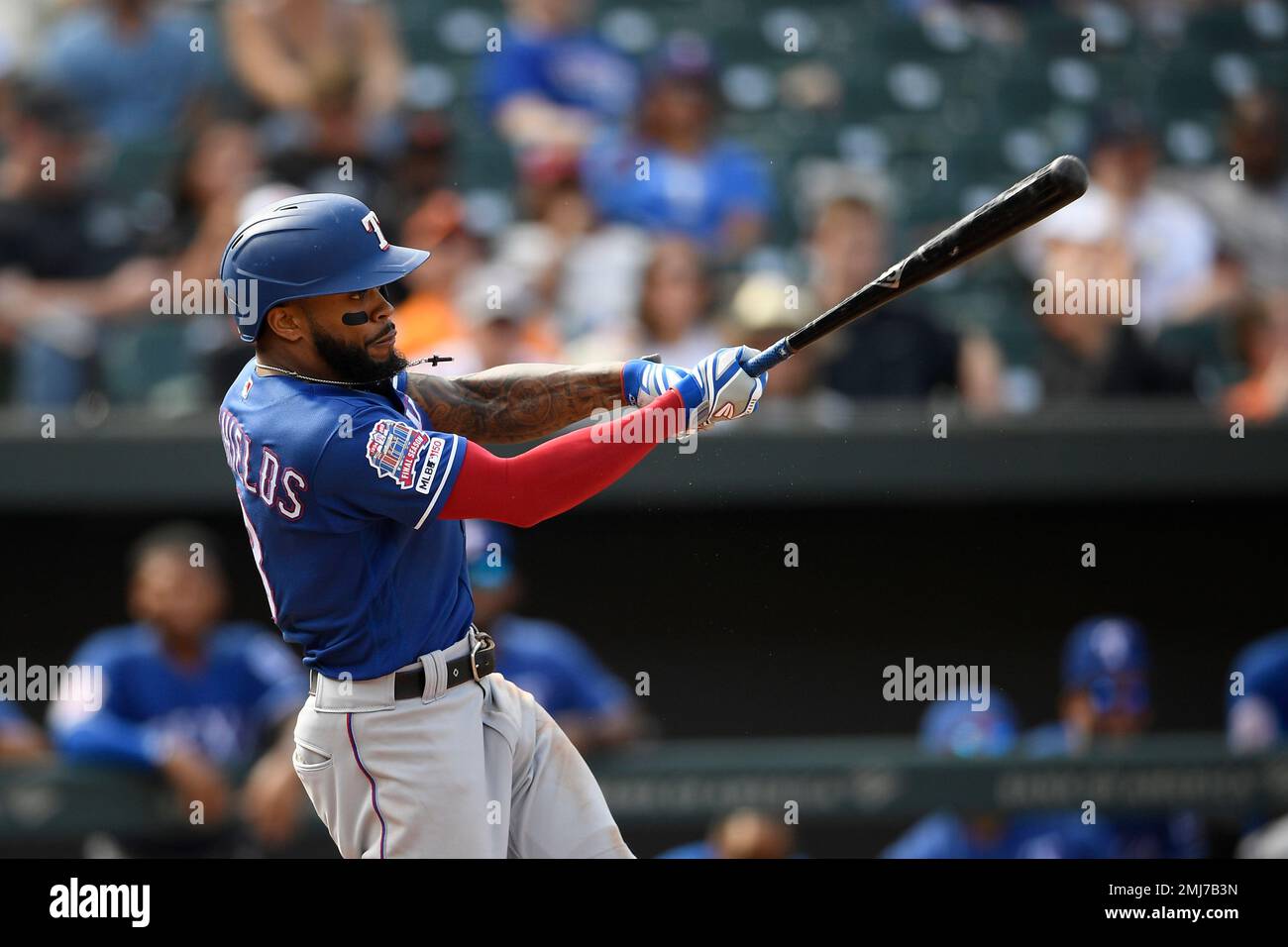 Texas Rangers' Delino DeShields bats during a baseball game against the  Baltimore Orioles, Sunday, Sept. 8, 2019, in Baltimore. The Rangers won  10-4.(AP Photo/Nick Wass Stock Photo - Alamy