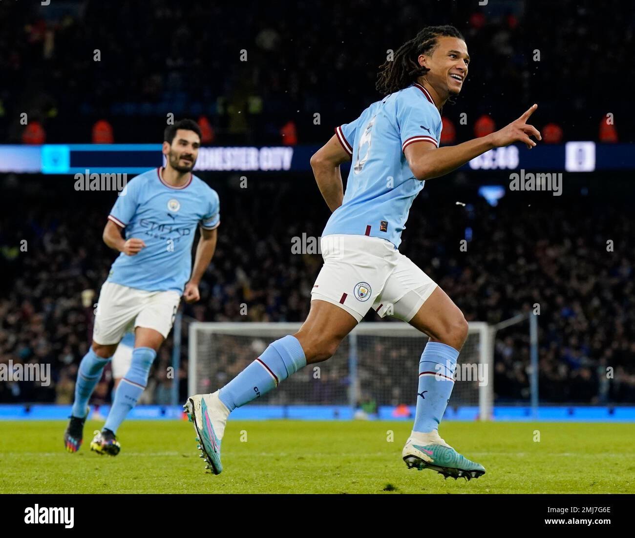 Manchester, England, 27th January 2023.  Nathan Ake of Manchester City celebrates scoring the first goal during the The FA Cup match at the Etihad Stadium, Manchester. Picture credit should read: Andrew Yates / Sportimage Credit: Sportimage/Alamy Live News Stock Photo
