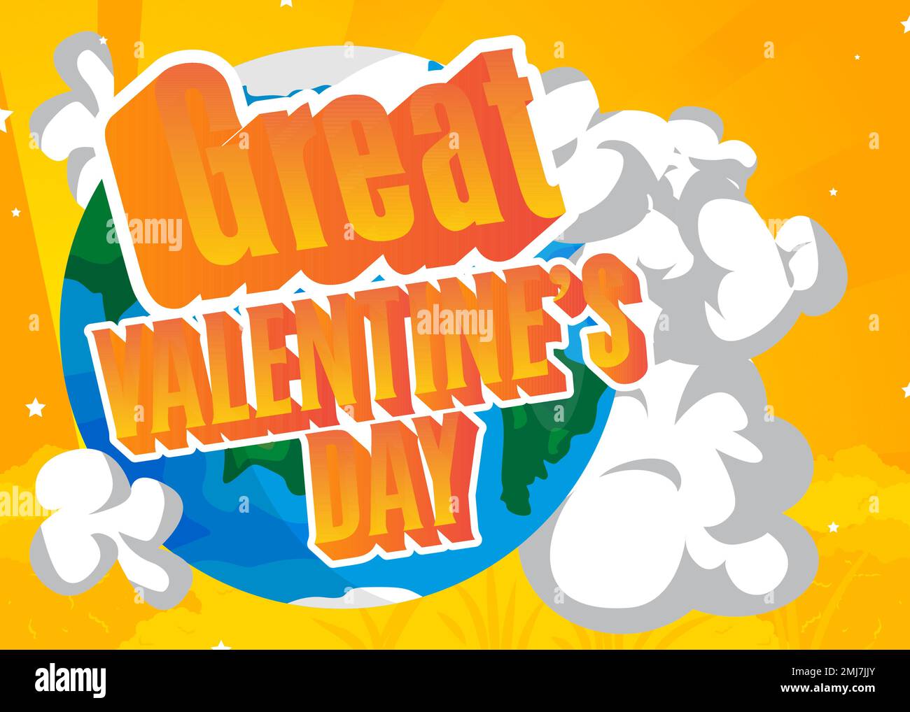 Earth with Great Valentine’s Day text. Cartoon Space, cosmos. Vector cartoon illustration