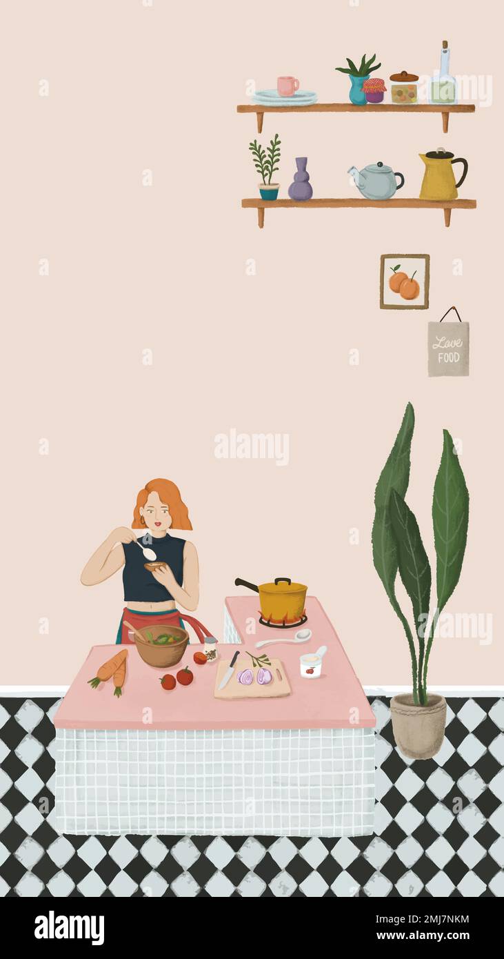 Girl cooking in a kitchen sketch style mobile phone wallpaper vector