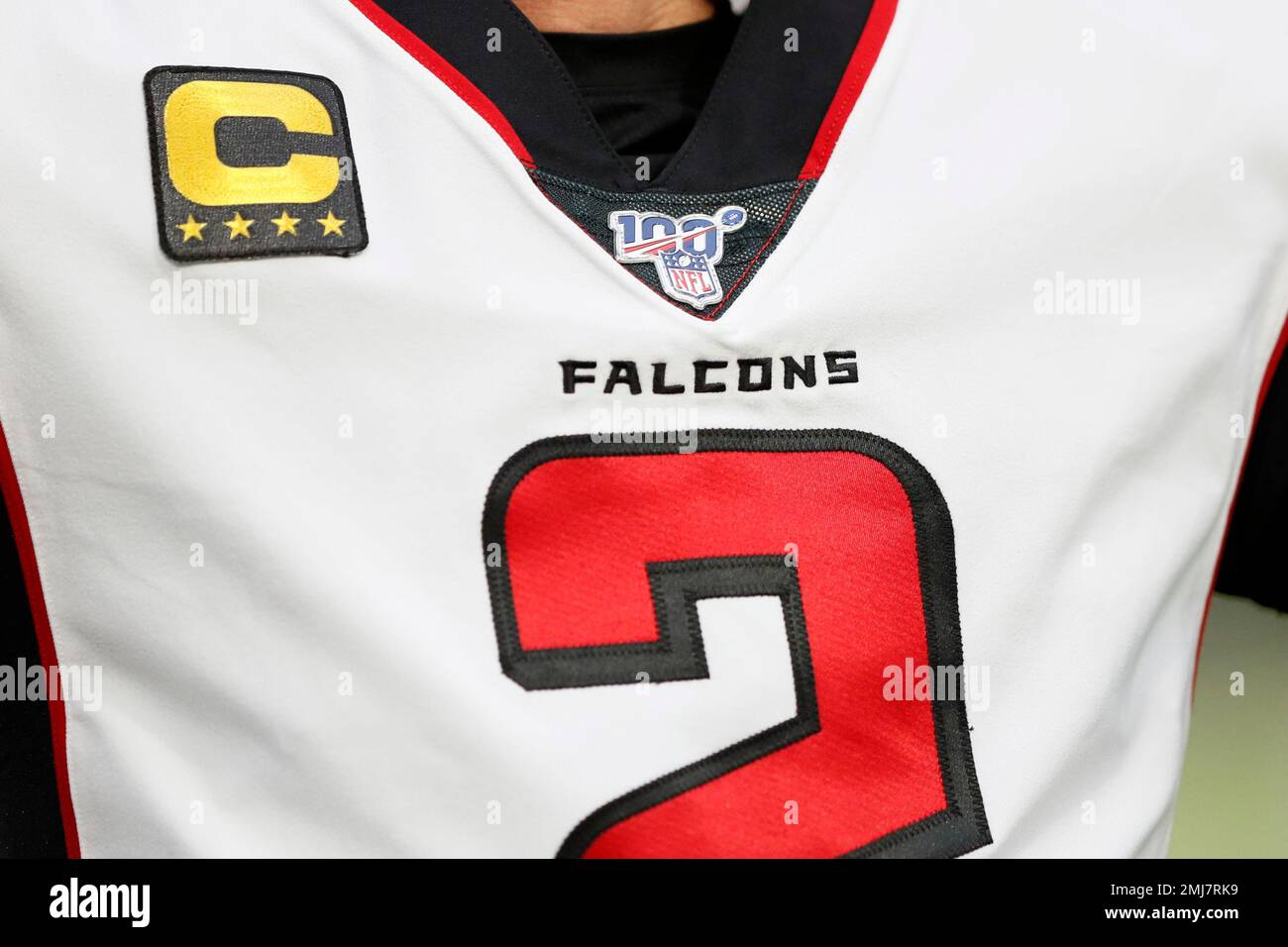 The NFL 100th Anniversary logo is seen on Atlanta Falcons quarterback Matt  Ryan's jersey as he warms up before an NFL football game against the  Minnesota Vikings, Sunday, Sept. 8, 2019, in