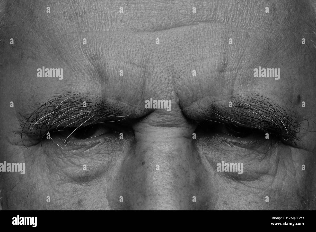 Old man angry eyes. A black and white photo. Stock Photo