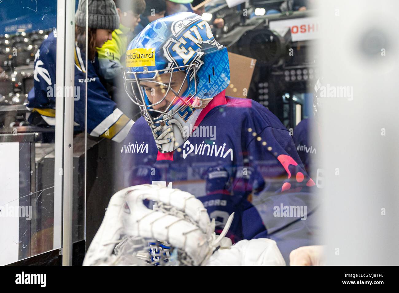Goalkeeper Luca Hollenstein #51 (EV Zug) during the National League Regular Season ice hockey game between EV Zug and SC Bern on January 27th, 2023 in the Bossard Arena in Zug