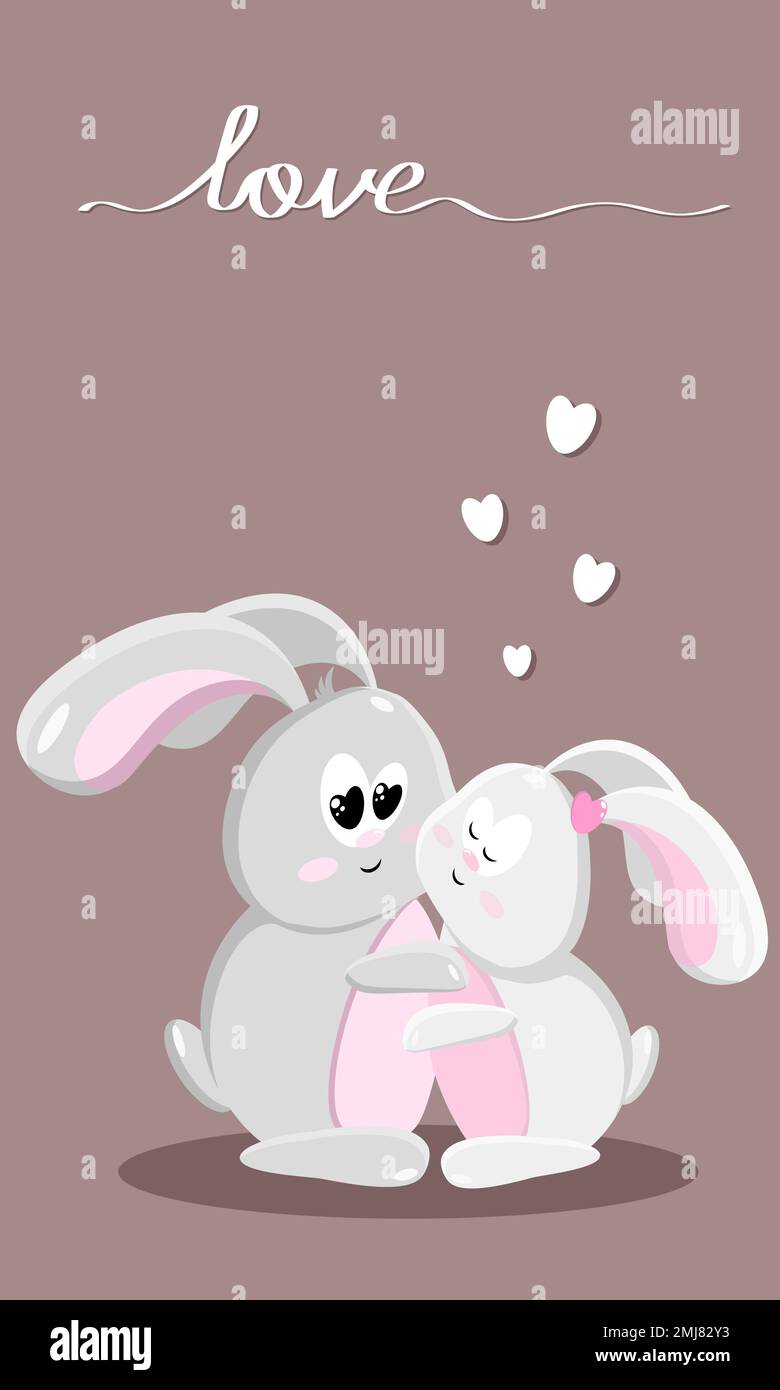White rabbit hugs. Hearts and an inscription of love on a dark background. Girl and boy. Vertical. Vector. Postcard. Stock Vector