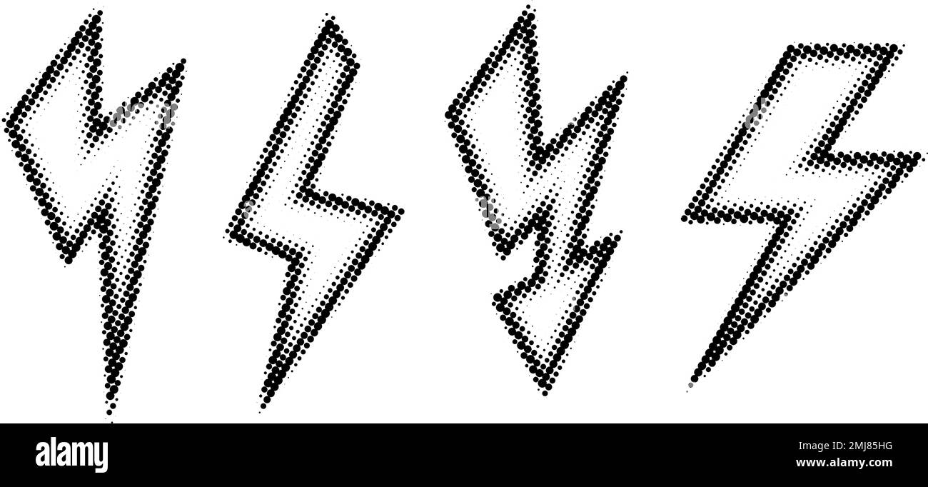 Halftone lightning bolt set. Black textured thunderbolt collection. Black flash symbols. Comic lightning strike signs. Vector Stock Vector