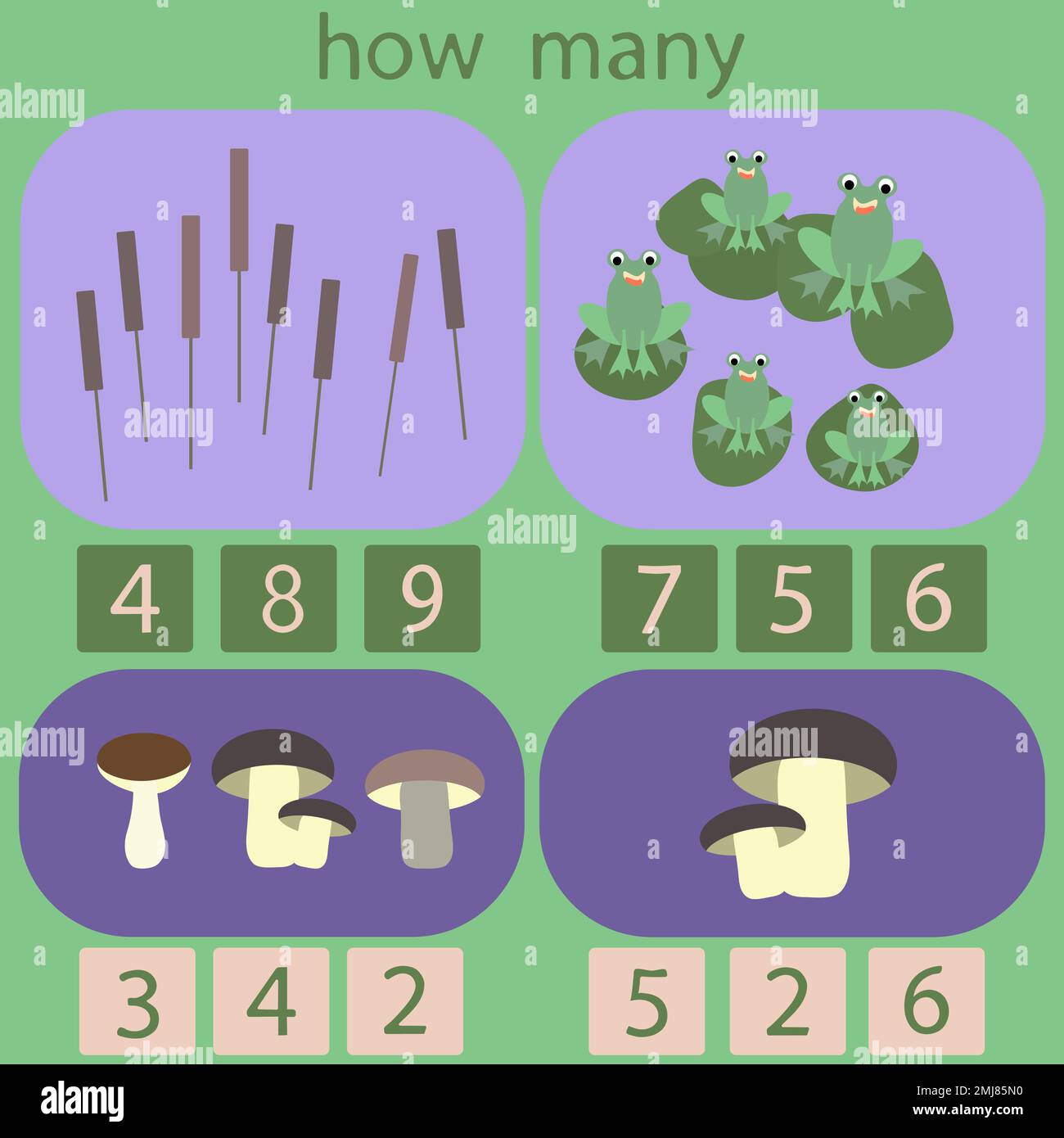 count how many frogs and mushrooms are in the picture Stock Vector