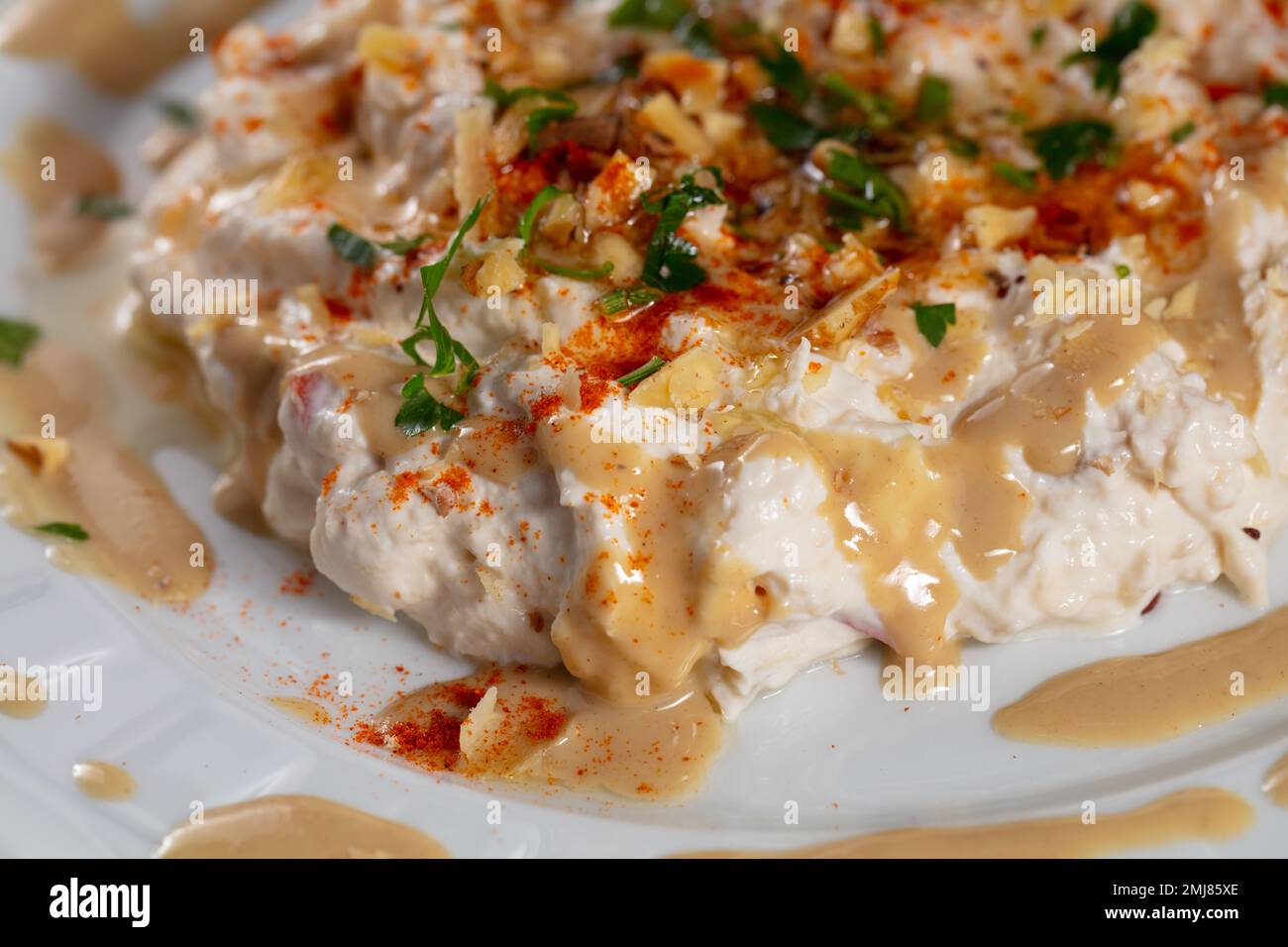 Traditional Turkish cuisine, Appetizer, salad made with eggplant and yoghurt. local name, Mutebbel Stock Photo