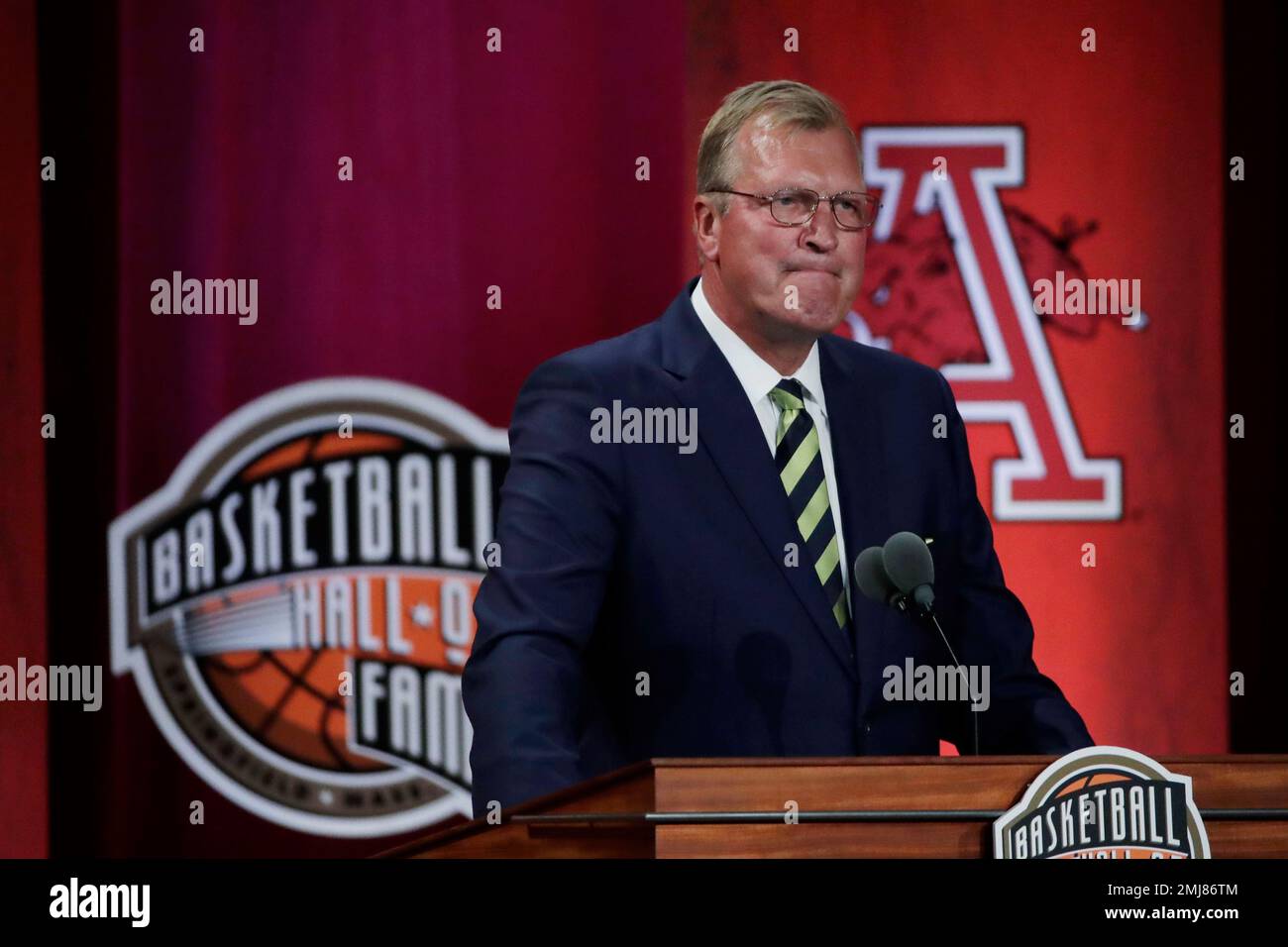 Inductee Jack Sikma pauses as he speaks at the 2019 Basketball Hall of ...