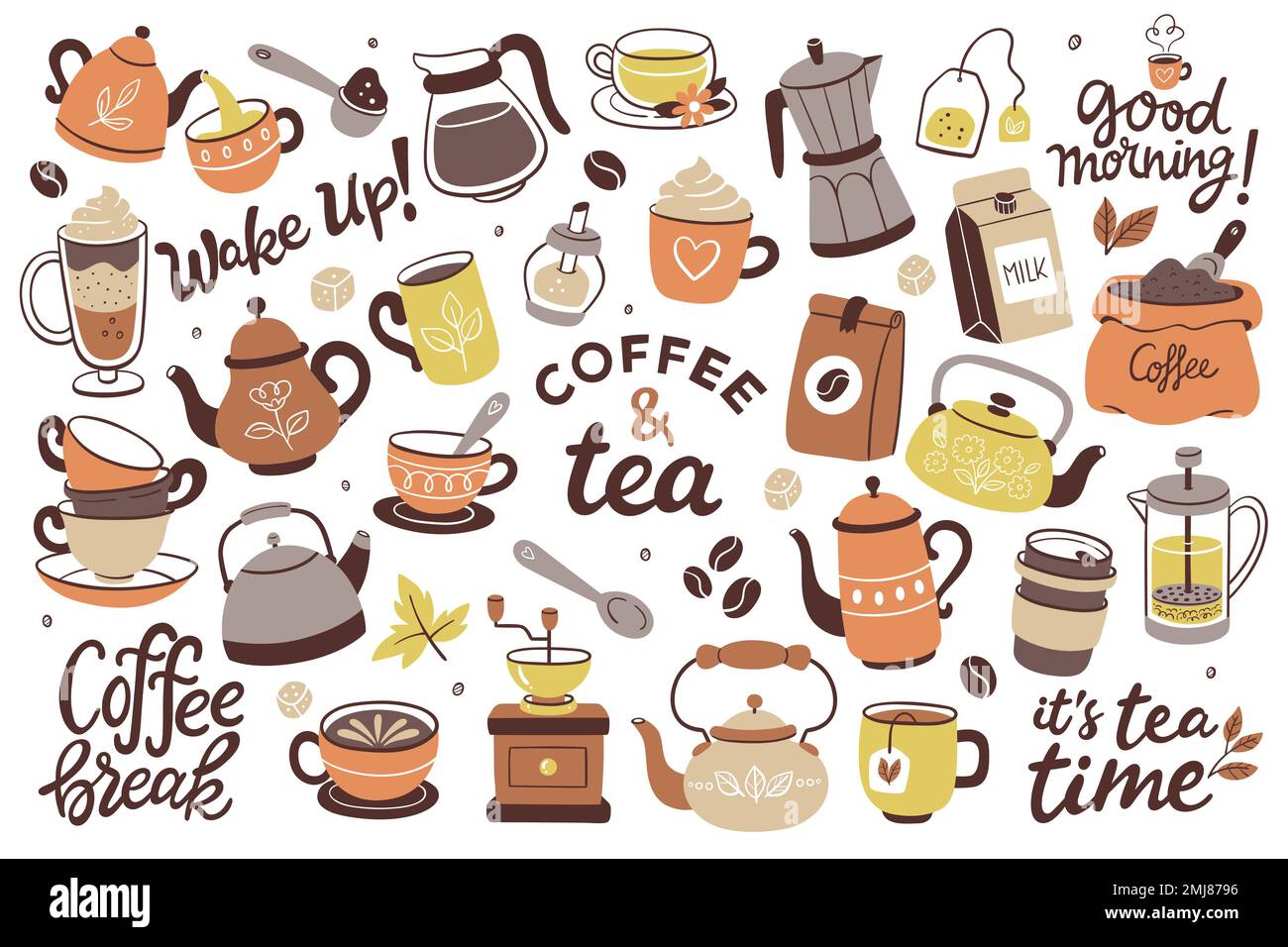 Collection of coffee and tea products. Colorful cliparts of teapots, cups, coffee, herbal teas... Isolated objects on a white background. Background t Stock Vector
