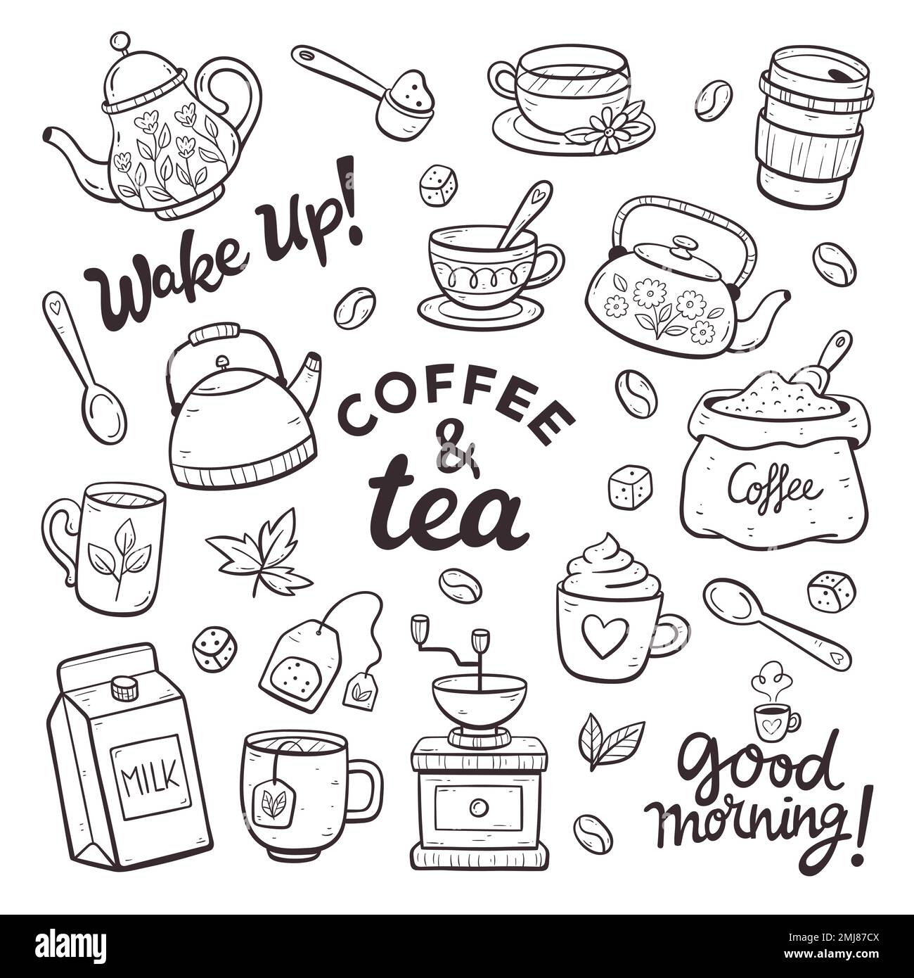 Collection of coffee and tea products. Doodle cliparts of teapots, cups, coffee, herbal teas... Isolated objects on a white background. Background to Stock Vector