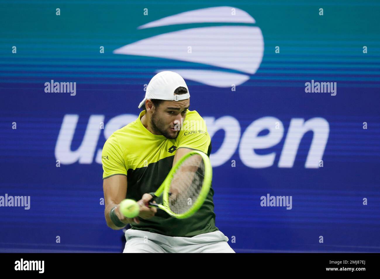 Matteo Berrettini, of Italy, returns a shot to Rafael Nadal, of Spain, during the mens singles semifinals of the U.S. Open tennis championships Friday, Sept