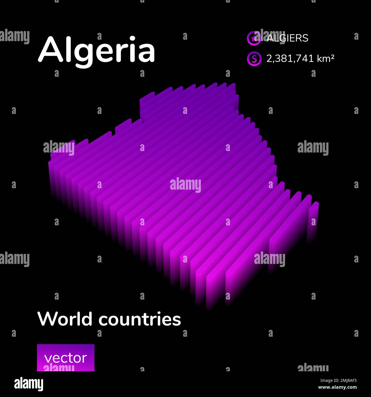 3D map of Algeria. Stylized neon digital isometric striped vector map of Algeria is in violet and purple colors on the dark blue background Stock Vector