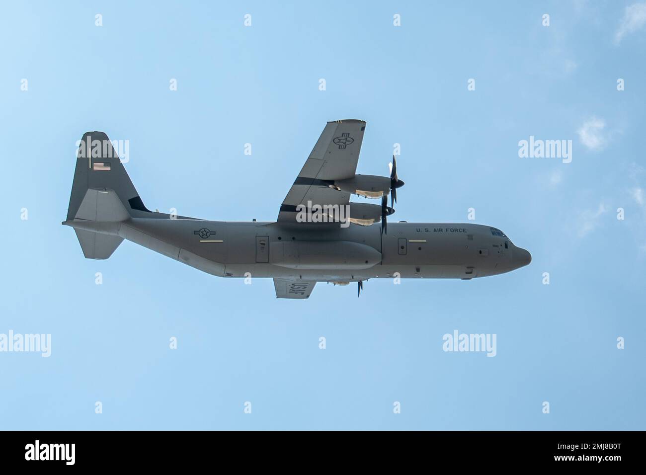 A C-130J Super Hercules aircraft arrives at the Kentucky Air National Guard Base in Louisville, Ky., from Lockheed-Martin Corp. In Marietta, Ga., Aug. 25, 2022. The plane is the eighth J-model to be delivered to the 123rd Airlift Wing since November, completing the unit’s transition from legacy-model C-130H transports. Stock Photo